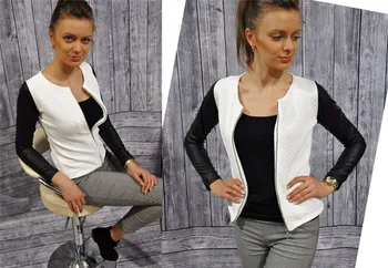 

New Fashion Women Zipper Jackets Patchwork Quilted O-neck Long Sleeve PU Leather Stitching Jacket Coat Outwear