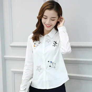 

Geometric Printed Lady Casual White Shirts Size S-2XL Autumn Spring OL Girls Fashion Cotton Slim Blouses
