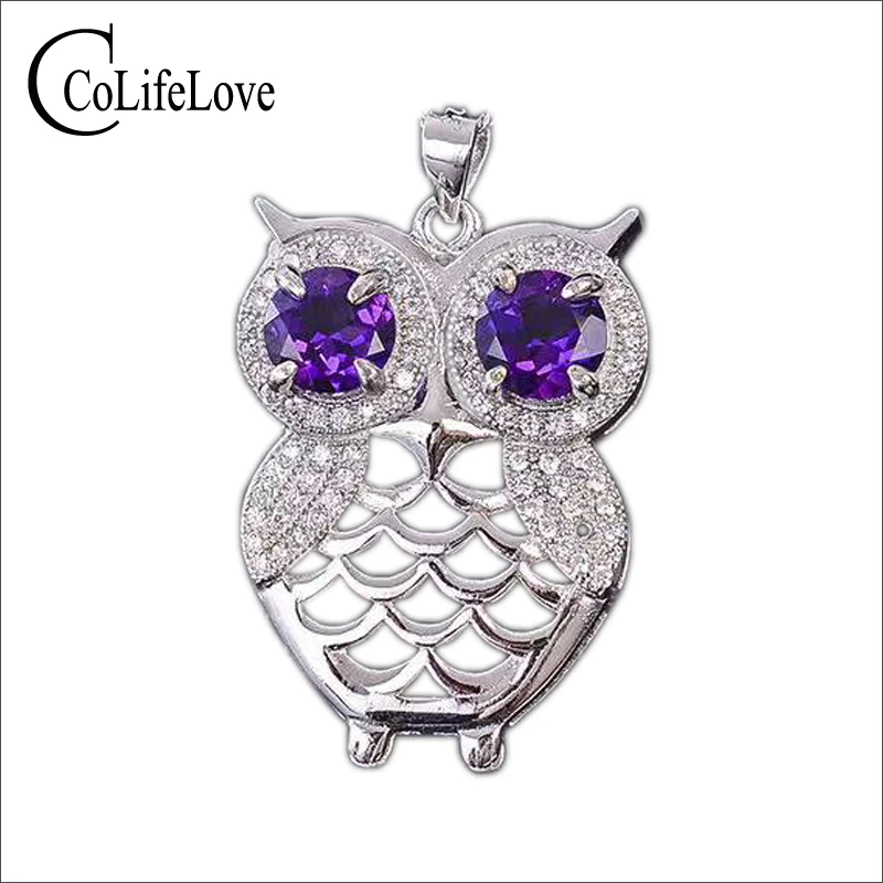 Cute owl necklace pendant inlay with 6mm natural amethyst pendant solid 925 silver owl fashion silver for girl