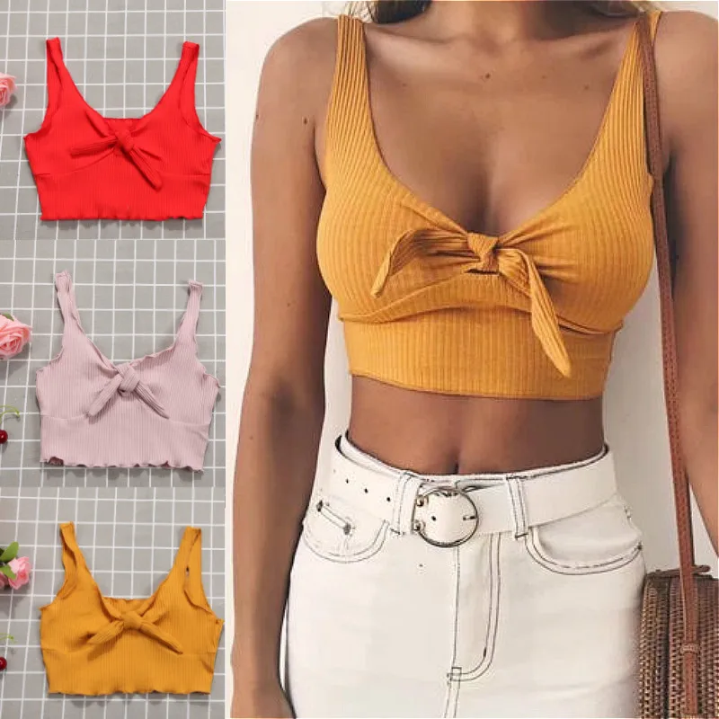 

2019 Pure Color Crop Top Women Bow Vest Summer Female Tops Beach Casual Slim Fit Tank Tops Tees
