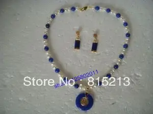 

ddh0084 Beautiful blue jade and Pearl Necklace Earrings Set " Fu