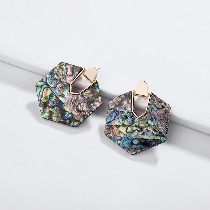 

ZWPON 2019 Trendy KENDRA Abalone Shell Hexagon Statement Earrings for Women Fashion Geometric Resin Acrylic Stud Earrings