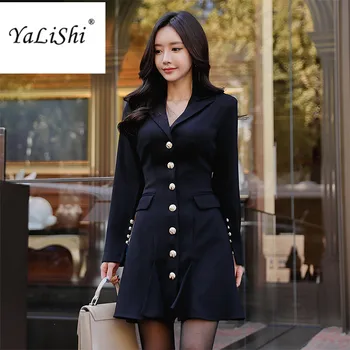 

New Winter Women Dress Office Navy Blue Bandage Vintage Bodycon Dresses Fashion Single-breasted Turn-down Collar A-Line Dress