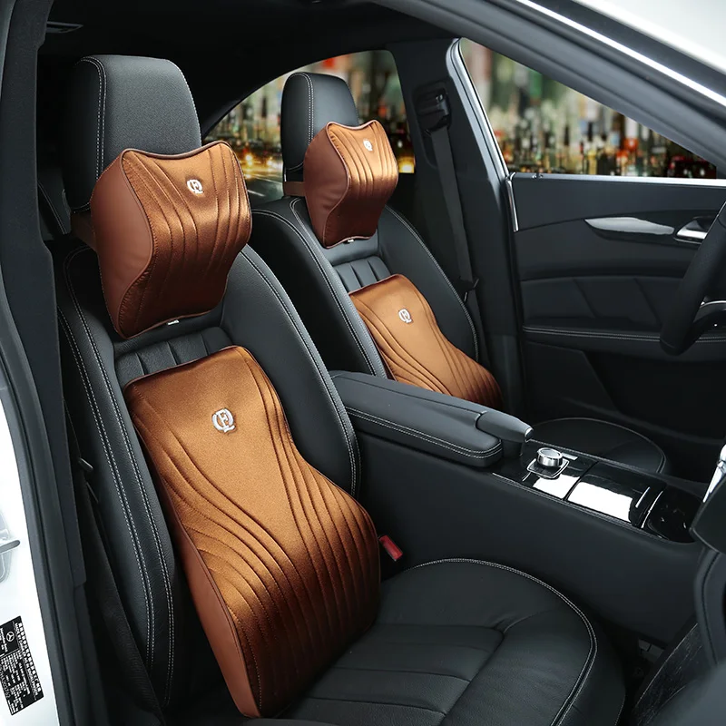 

Luxury Imitation Silk Car Headrest Neck Rest Pillow Fabric Memory Foam Waist Lumbar Support Sets Cover Cushion For Auto Seats