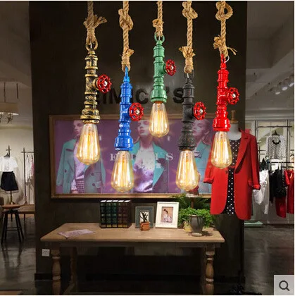 

Retro Loft Industrial Pendant Lights Vintage Water Pipe Hemp Rope Hanging Lamp Bar Cafe Shop Living Room Restaurant Lampshade
