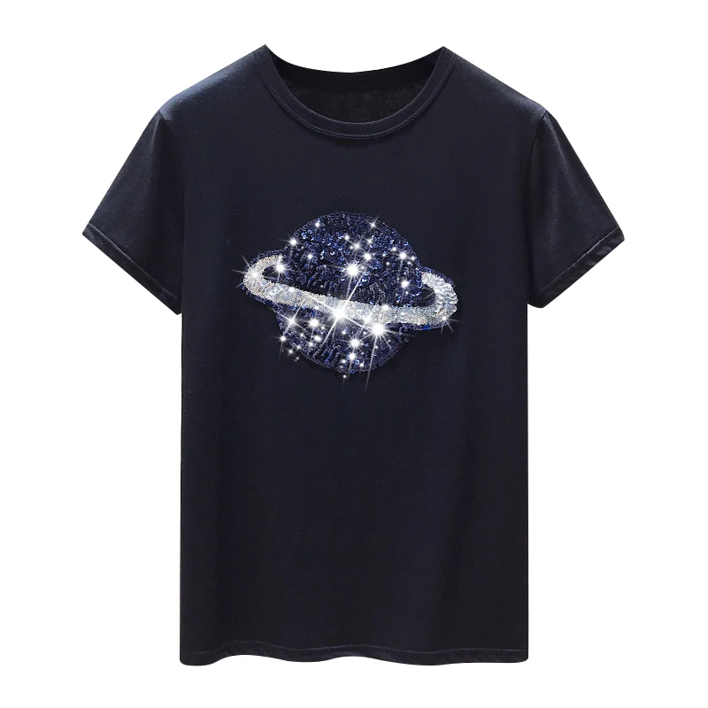  gkfnmt Cotton White Tshirt Women Tops Sequin Fashion Short Sleeve Vintage Female T-shirt Casual Bla