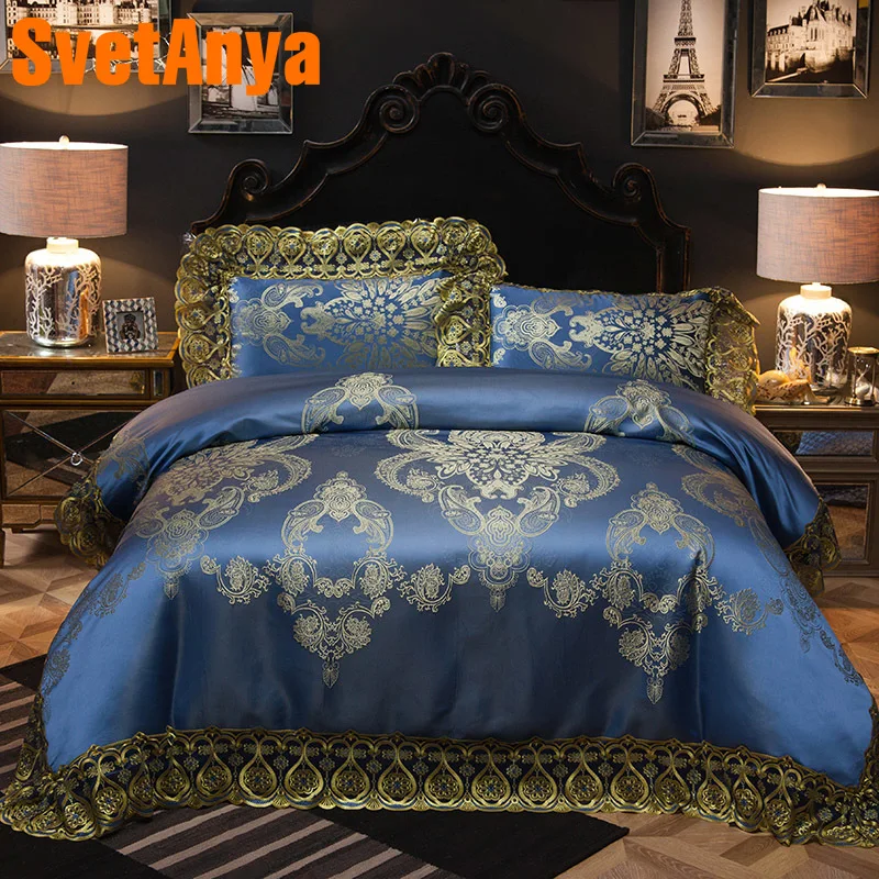 

Svetanya Lace Jacquard Bedding Sets Queen King Size Artificial Silk Cotton Fabric quilted Bedcover+Pillowcases+Duvet Cover