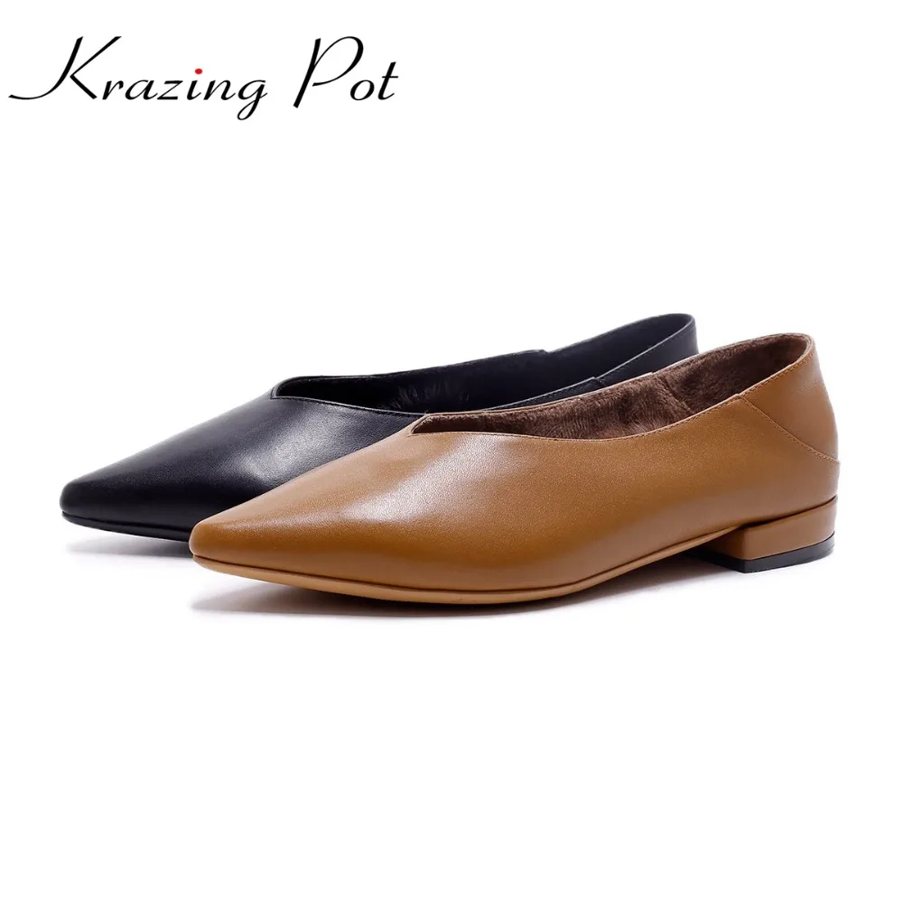 

KRAZING POT genuine leather soft leather original design thick low heels shallow rabbit fur pumps pointed toe brand shoes L35