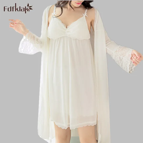 

Fdfklak High Quality Bathrobe Women's nightgown Sexy Temptation Women Robes Hollow Out Pijamas Mujer Dressing Gowns White E0812