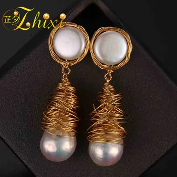 

[ZHIXI] Pearl Drop Earrings Fine Jewelry Long Baroque Pearl Earrings For Women 2018 Fashion Birthday Party Gift Big Bulb E309