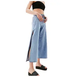 Для женщин джинсовой Сплит Штаны свободные широкие брюки женские прямые Джинсы бойфренда ультра-широкие брюки стильные плавки (свет синий