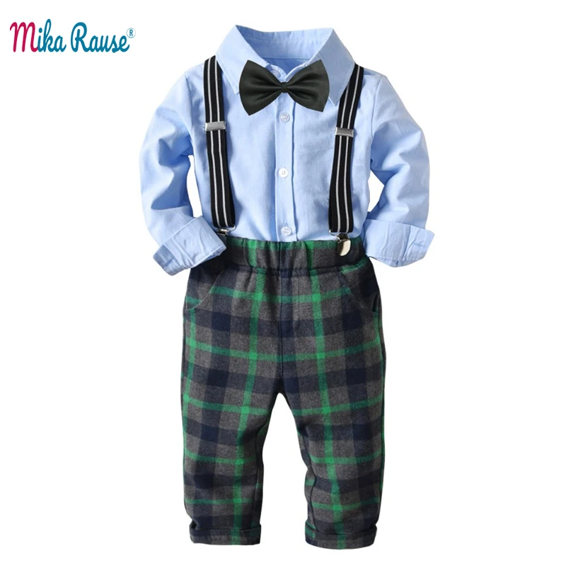 New children clothing set baby boy cotton clothes long sleeve blue shirt green plaid pants bodysuit autumn boys dress uniform