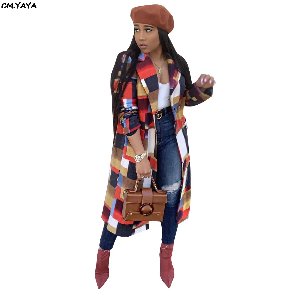 

women new plaid double breasted long sleeve X-long wool blends vintage classic trench GLS3498