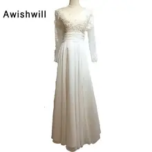 Custom Size V Neck Floor Length Open Back Lace Appliques Chiffon Long Sleeve Bridal Gowns Bohemian Wedding Dress Beach 2017