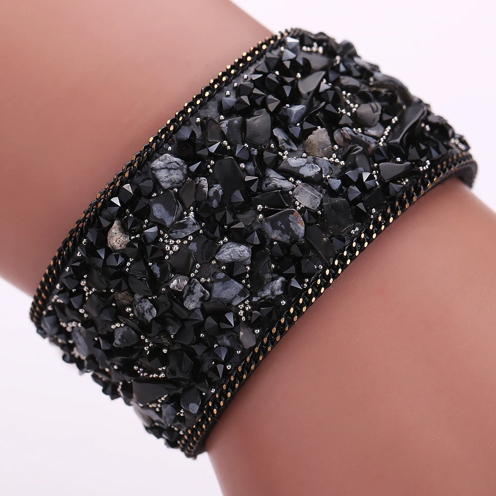 Изысканный гравий камень браслет 22 см ручной гравий камень кристалл кожаный браслет на запястье ювелирные изделия подарок