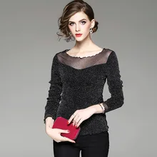 Европа новая весенняя женская модная тонкая сексуальная шикарная футболка с круглым вырезом и длинным рукавом плюс бархатная футболка Топы Женская флисовая футболка