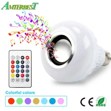 AMTERBEST E27 RGB Inteligente Bluetooth Speaker Lâmpada LED Reprodução de Música Sem Fio Regulável Lâmpada Led com 24 Teclas do Controle Remoto