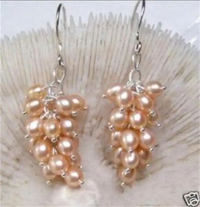 

Free shipping Pink Akoya Cultured Pearl Grape Dangle Earring Silver Hook AAA