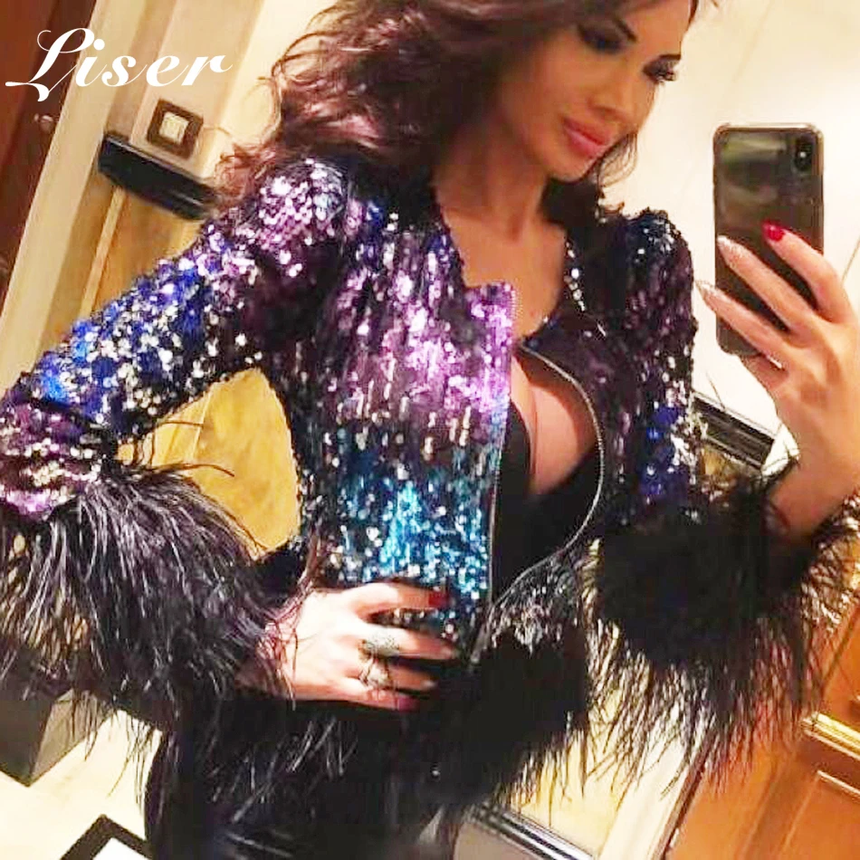 

Liser 2019 New Spring Women Jackets O Neck Sequined Feathers Jackets Sexy Bodycon Chic Celebrity Party Jacket Vestidos Wholesale
