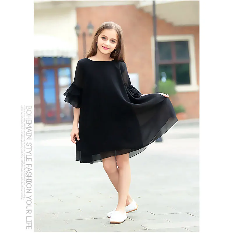 Летнее черное шифоновое платье для девочек; Классная детская одежда с рюшами на рукавах; одежда для подростков; вечерние платья для маленьких и больших девочек