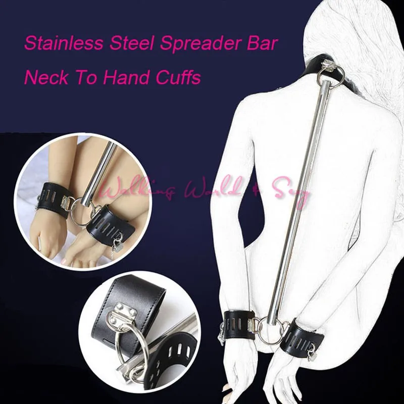 Stainless Steel Spreader Bar Bondage Set Leather Neck Collar To Hand Cuffs Fetish Slave Adult Game Sex Toys For Couples Flirting  