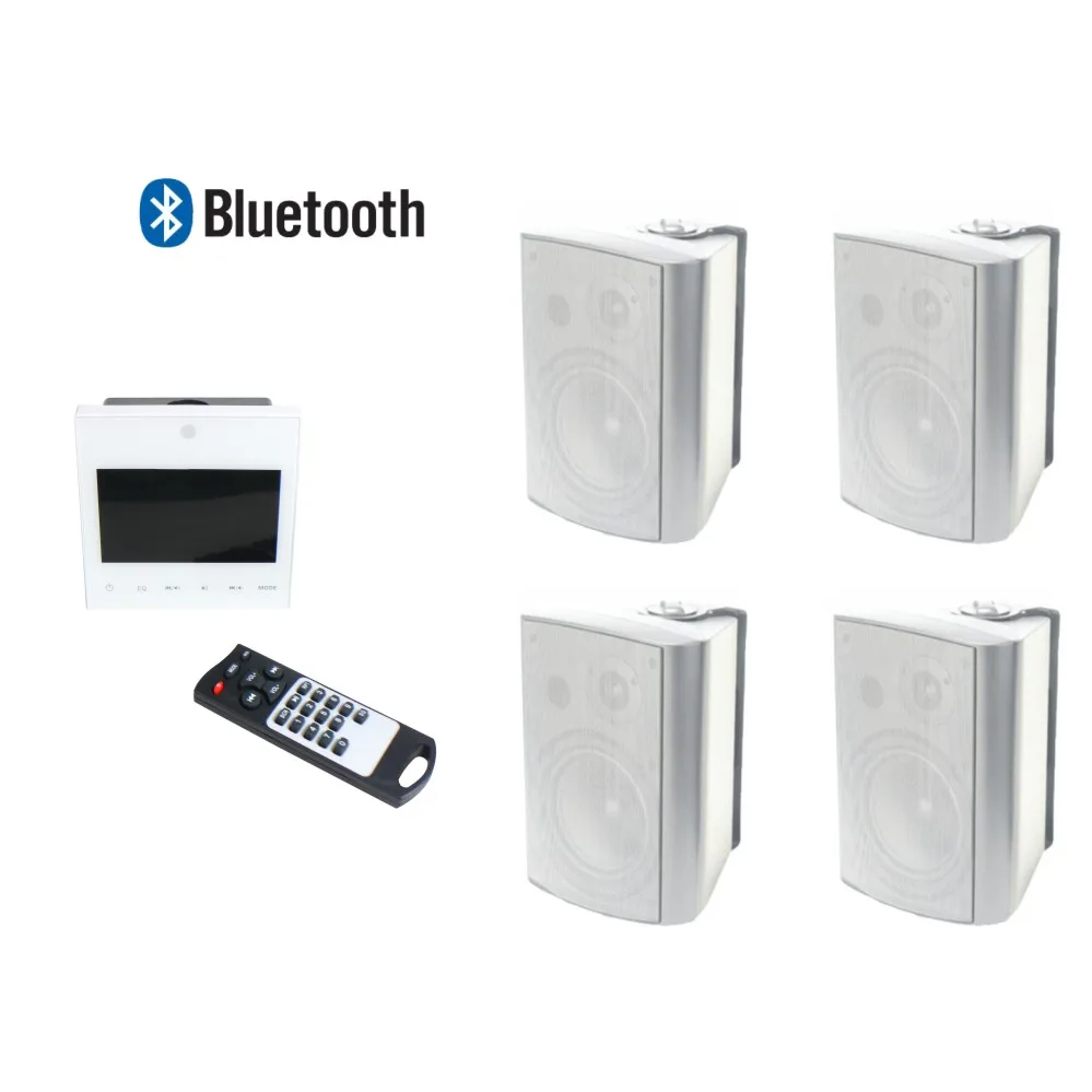 

Home audio 4x15W Wall-mounted Mini Digital Amplifier with 4 pieces of 4inch wall mounted speakers, Supports USB/SD/AUX/BT/FM
