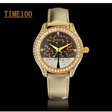 Women s Brand Quartz Watches Original Gold Leather Strap Wishing Tree Ladies Diamond Dress Wrist Watch
