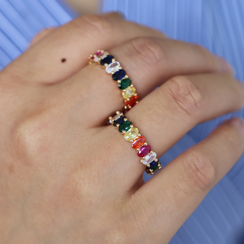 Позолоченные ювелирные изделия радужной овальной формы cz обручальное кольцо для женщин красочный кубический цирконий cz вечность браслет Изысканное кольцо