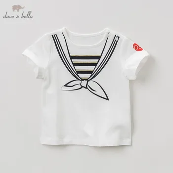 

DBF9058 dave bella summer baby girls T-shirt children cute bow print cotton tops girls high quality pullover kids lolita tees