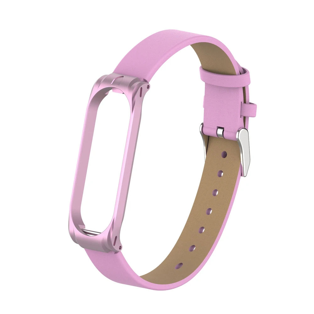 Кожаный ремешок для Xiaomi mi Band 4 3 Смарт-браслет металлический чехол для спортивных часов для mi Band 4 Замена - Цвет: Pink leather strap