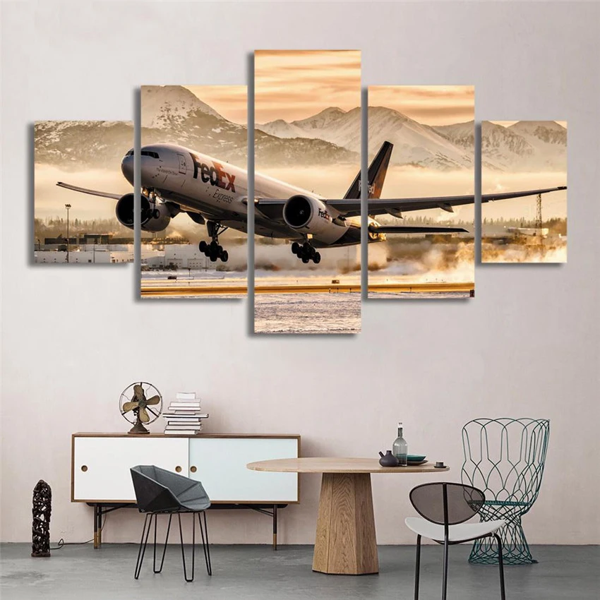 

HD Printed Pictures Framed Canvas Living Room Wall Art 5 Pieces Airplane Takes Off Paintings Aircraft Airport Poster Home Decor