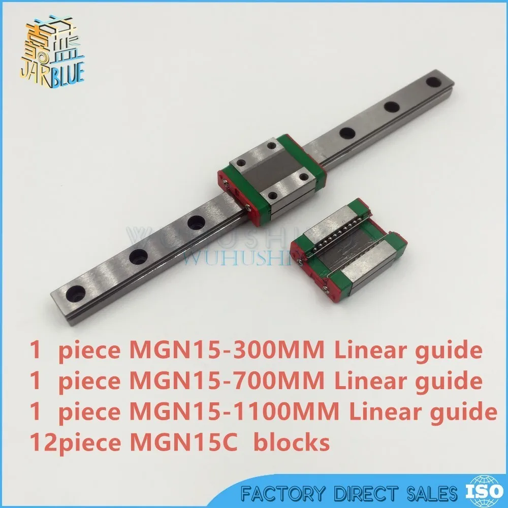 

1 piece MGN15-300MM Linear guide +1 piece MGN15-700MM Linear guide +1piece MGN15-1100MM Linear guide +12 piece MGN15C blocks