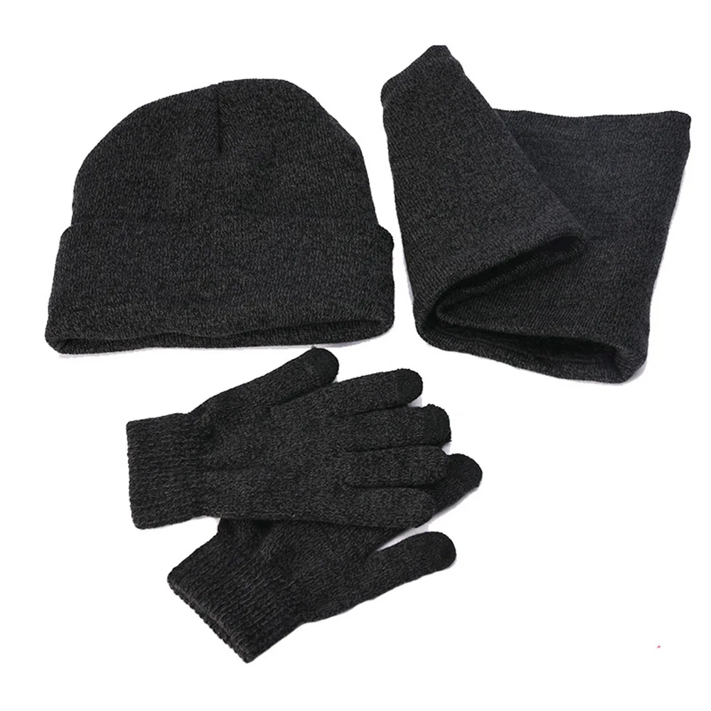Новая зимняя шапка, шарф, перчатки, набор для мужчин и женщин, вязаная шапка, флисовое кольцо, шарфы, уличная теплая перчатка с сенсорным экраном - Цвет: dark gray