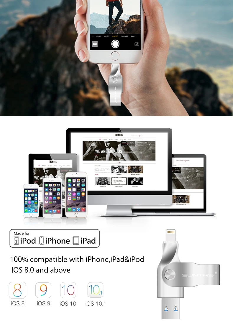 Suntrsi флеш-накопитель USB 3,0 для iphone ipad 8 7 6s MFI Флешка 32 Гб 64 Гб высокоскоростная молния металлический флеш-накопитель