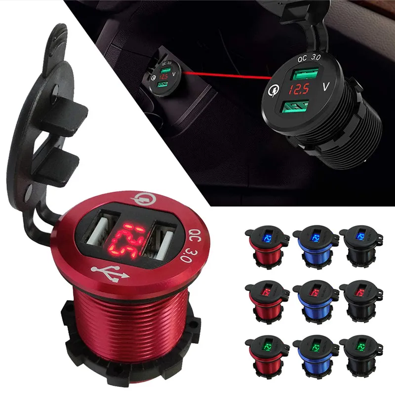 

QC 3.0 Car Power Outlet Marine Cigarette Lighter Adapter Dual USB Charger Socket LED Voltmeter For 12V/24V Boat Motocycle#292506