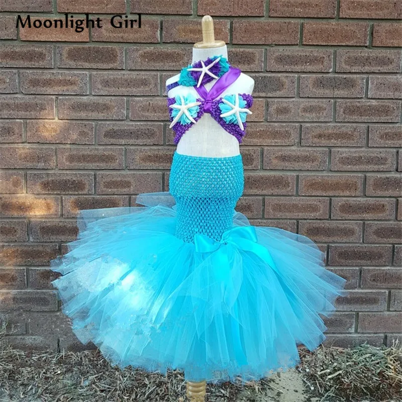 

Purple Blue starfish Girls Princess Little Mermaid Tutu Dress Girls Kids Halloween Mermaid Costume Birthday Party Dresses PQ229
