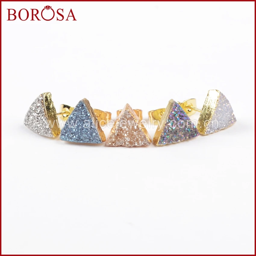 

BOROSA Fashion Gold Color Triangle Natural Crystal Titanium Mix Color Druzy Stud Earrings G0915