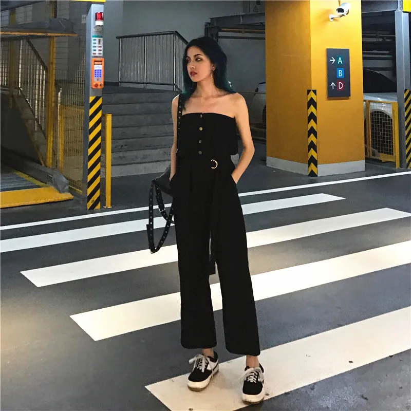 Комбинезоны для женщин для корейский стиль Harajuku мода элегантный однобортный Ретро однотонные ленты s с открытыми плечами