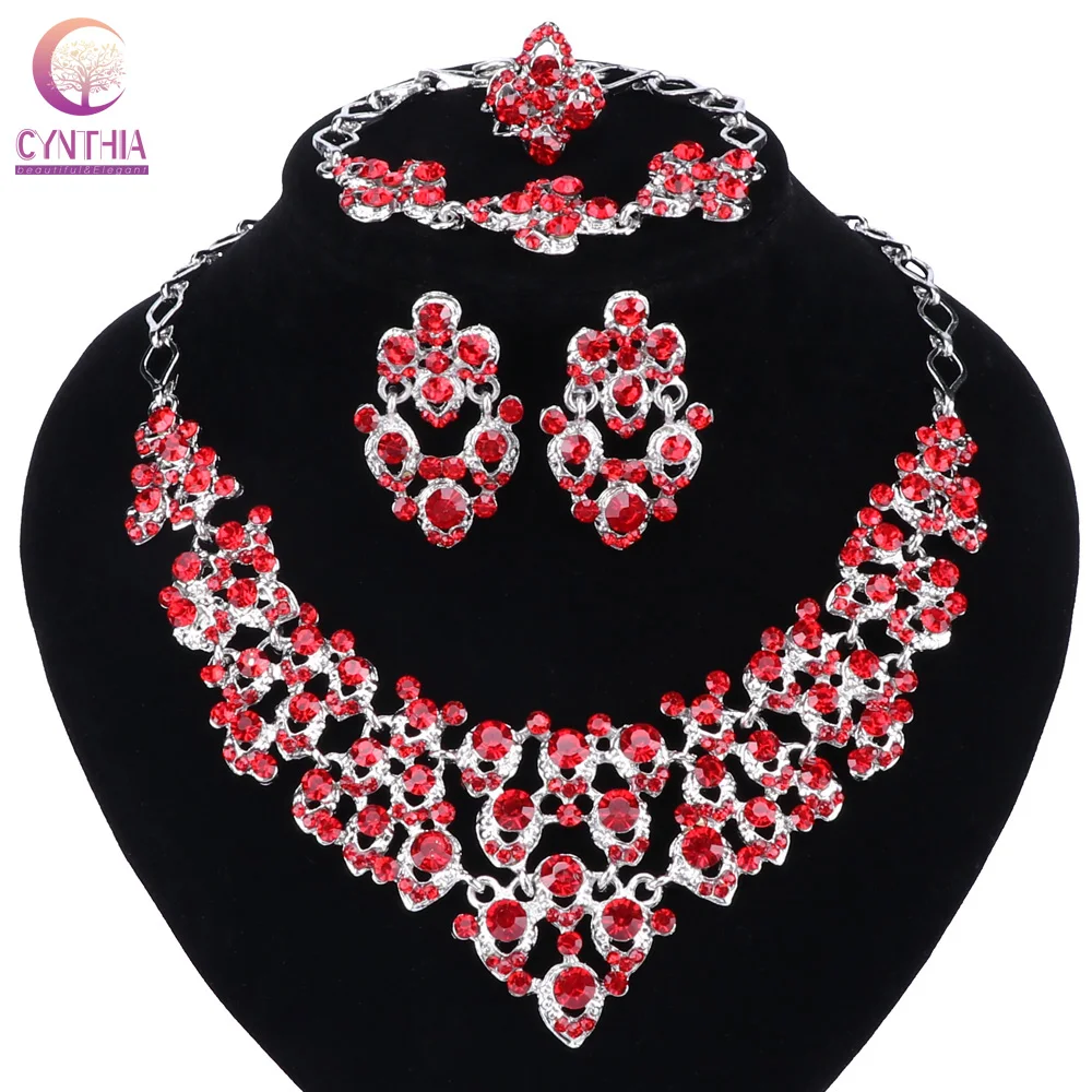 

Top Exquisite Silver Colors Crystal Embedded Scarf Pattern Necklace Bracelet Earring Ring African Beads Jewelry Set