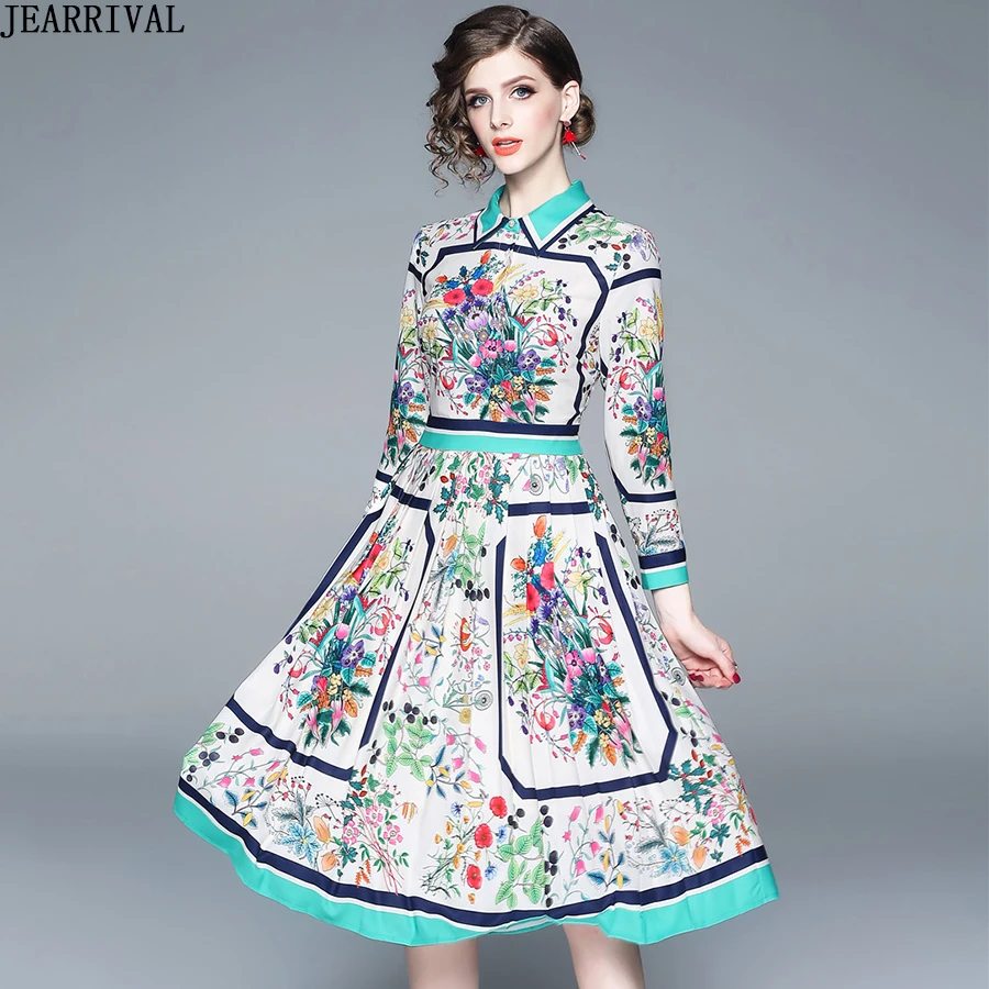 

2019 Fashion Long Sleeve Floral Casual Dress Spring Women Turn-down Collar Slim Vintage Print A-Line Midi Dress Vestido De Festa