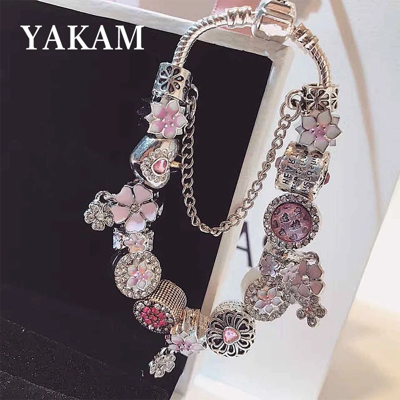 

Luxury Brand Bracelet Pink Flower Magnolia Cute Cherry Beads Heart Fit Original Love Bangles for Women Girl Charms Jewelry Gifts