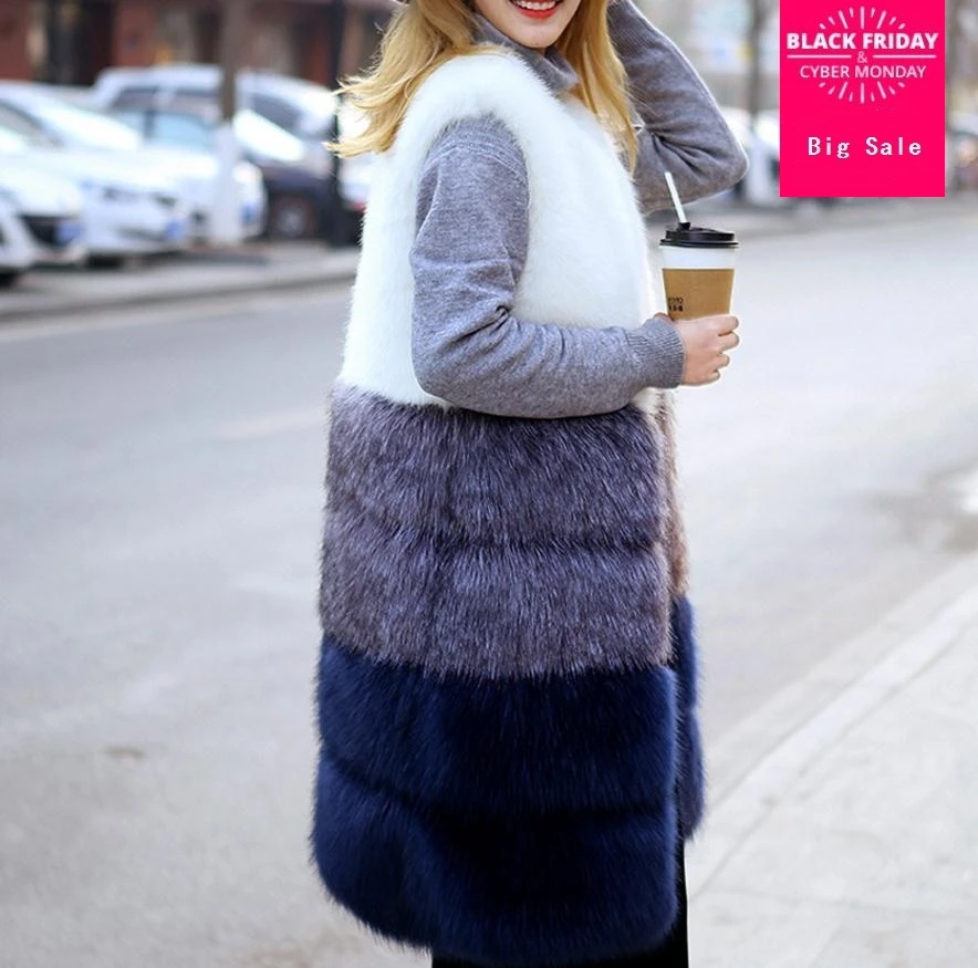 

2023 autumn and winter new fashion brand Korean version imitation fox fur coat female long vest siege hit color warm coat wj1149