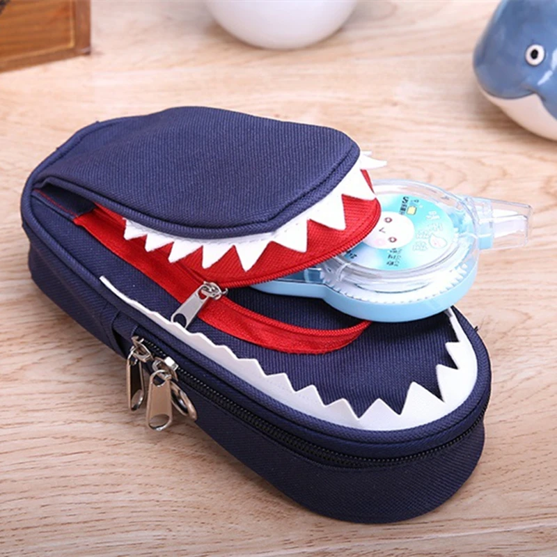 

Boys and Girls Personality Stationery Creative Shark Large Capacity Canvas School Pencil Case Pencil Bags school supply no lock