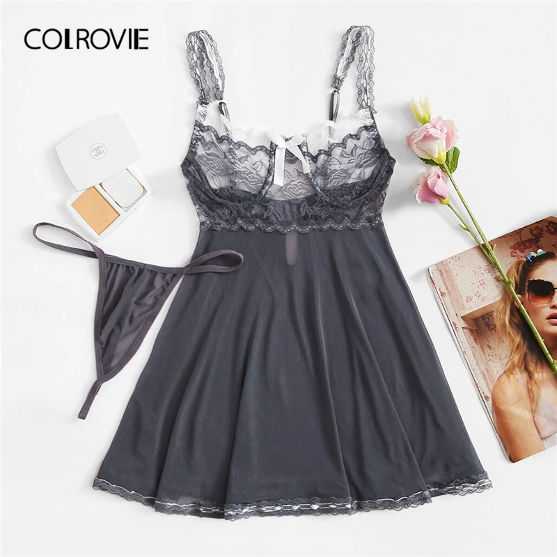 COLROVIE серый контрастный кружевной комплект, женское нижнее белье «babydolls», ночное платье, летняя сексуальная одежда для сна без рукавов, ночные рубашки