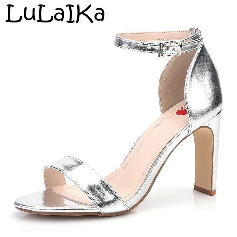 

2019 New Round Head Buckle Lady High Heel Sandals Sexy Solid Color Shining Party Woman Shoes