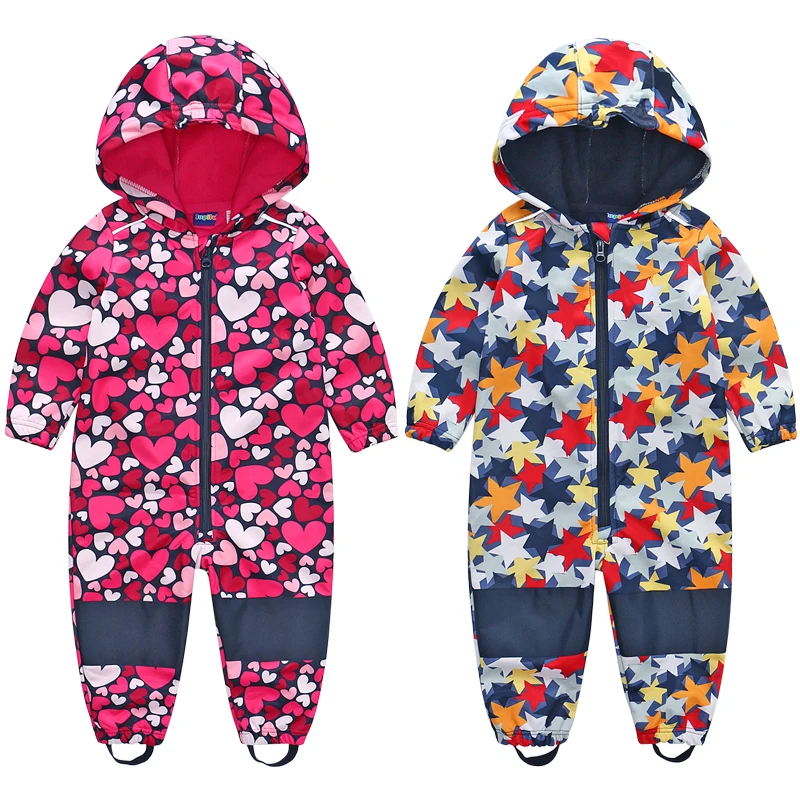  Children's soft shell plus velvet integrated windproof and rainproof jumpsuit Children's waterproof