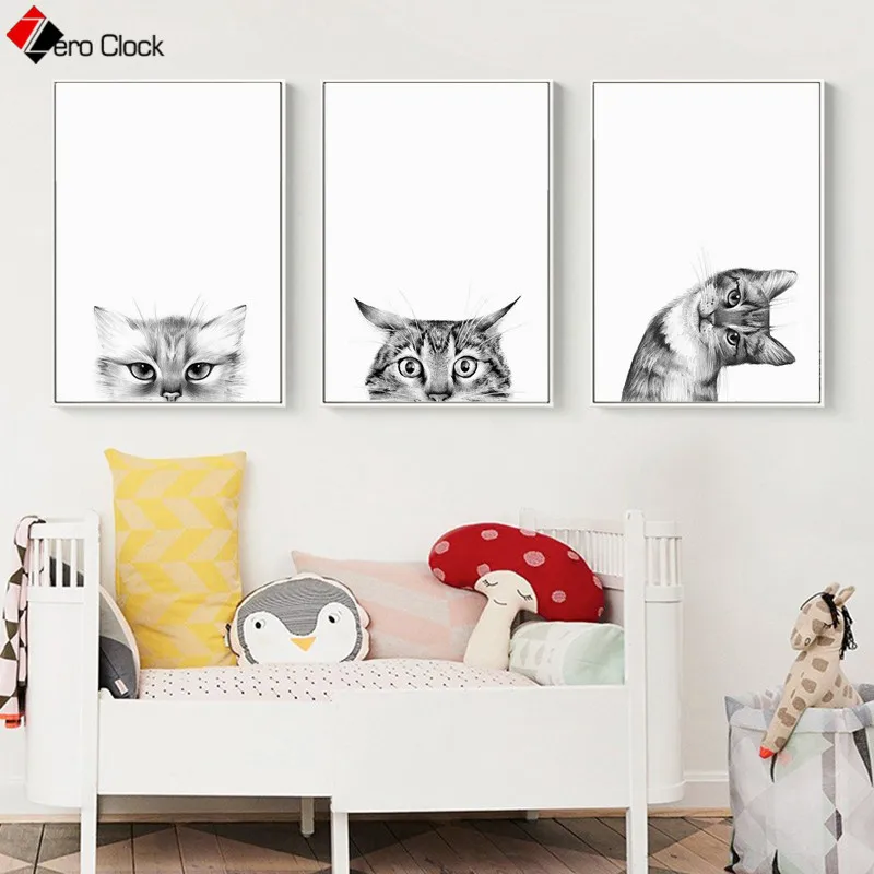 

Minimalist Canvas Painting Cat Funny Poster Animal Print Black and White Wall Art Nursery Kids Room Decoration Pictures Unframed
