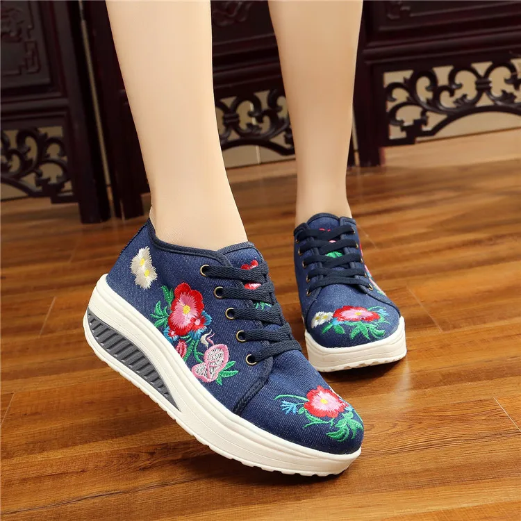 Cotton Floral Embroidery Women's Fashion Canvas Flat Platforms Lace up