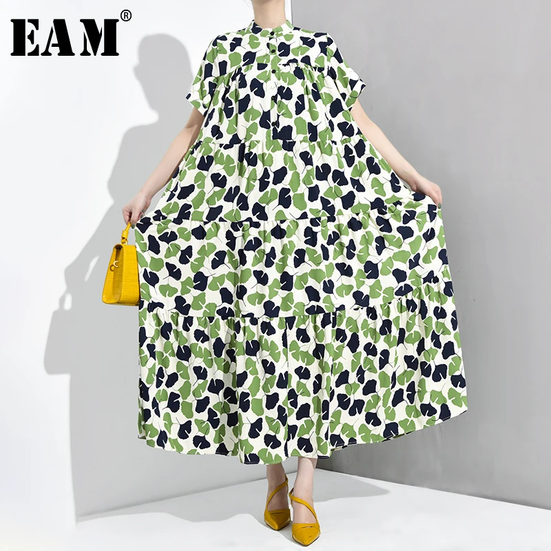 

[EAM] 2019 New Spring Summer Stand Collar Short Sleeve Pattern Printed Big Size Long Temperament Dress Women Fashion Tide JY263