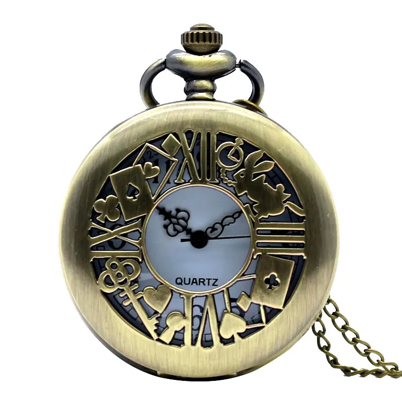 Bronze Alice In Wonderland Time Theme Pocket Watch Rabbit Poke Key Fob